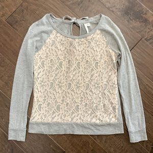 Grey and cream long sleeve scoop neck tee with lace overlay